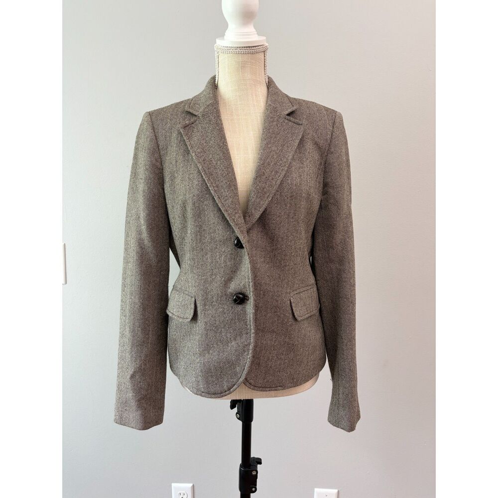 J.Crew 100% Wool Blazer Womens 12 Brown Herringbone Jacket Y2K Dark Academia